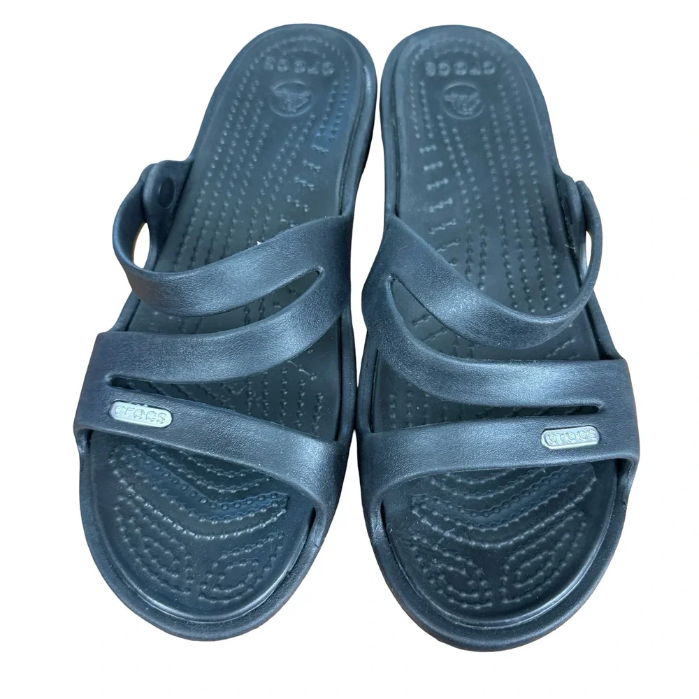 Crocs Patricia Wedge Sandals Black Slip On Slides Strappy Open Toe Shoes sz 8